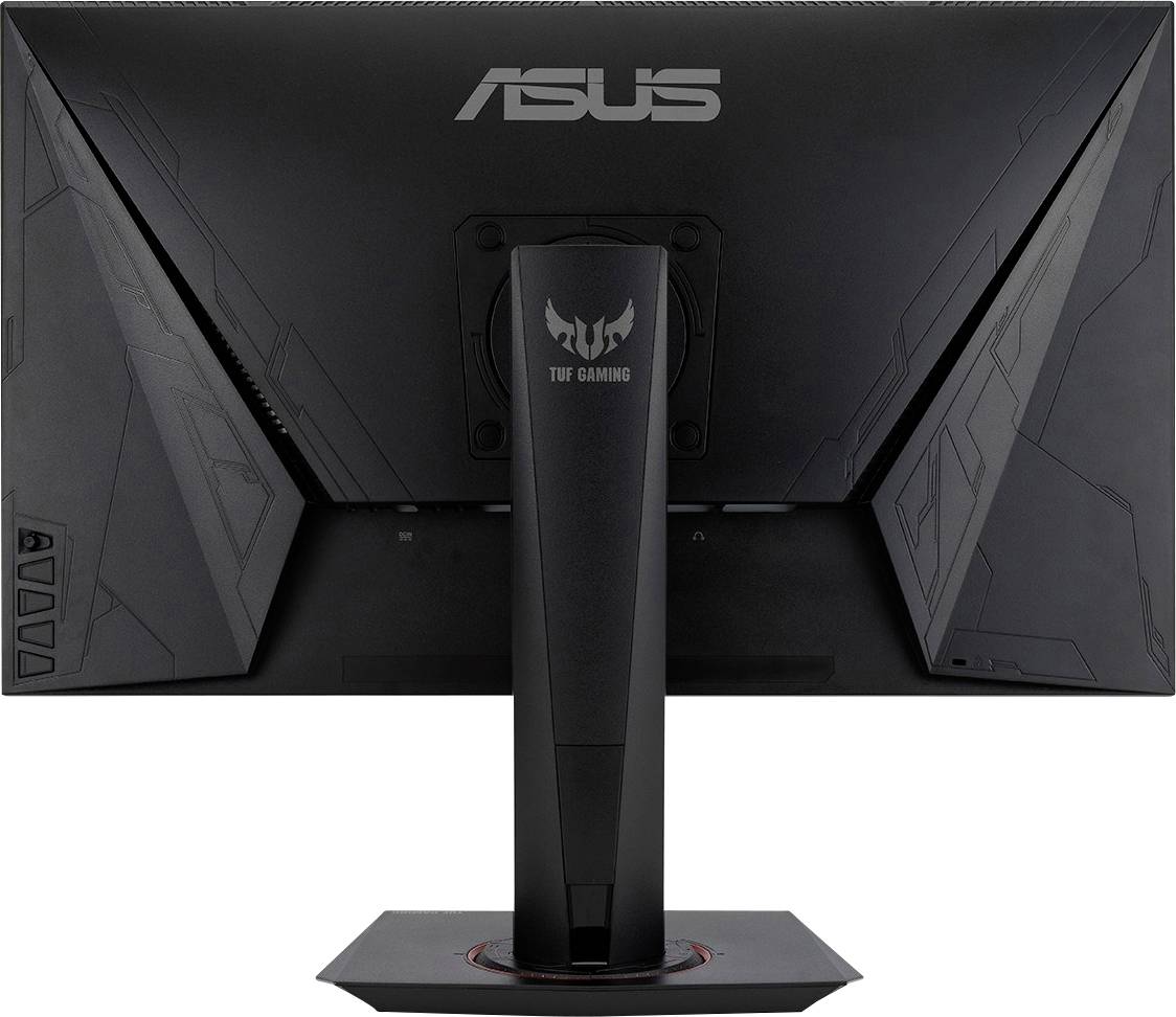 Monitor zobrazuje zadní stranu herního monitoru ASUS TUF s výrazným designem a centrální podstavou.