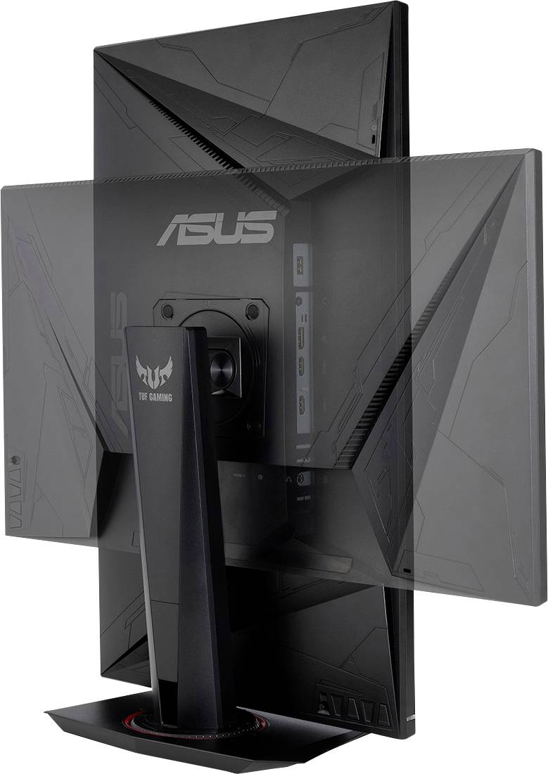 Černý herní monitor značky ASUS v vertikální orientaci. Viditelná je zadní strana a podstavec s výraznými liniemi.