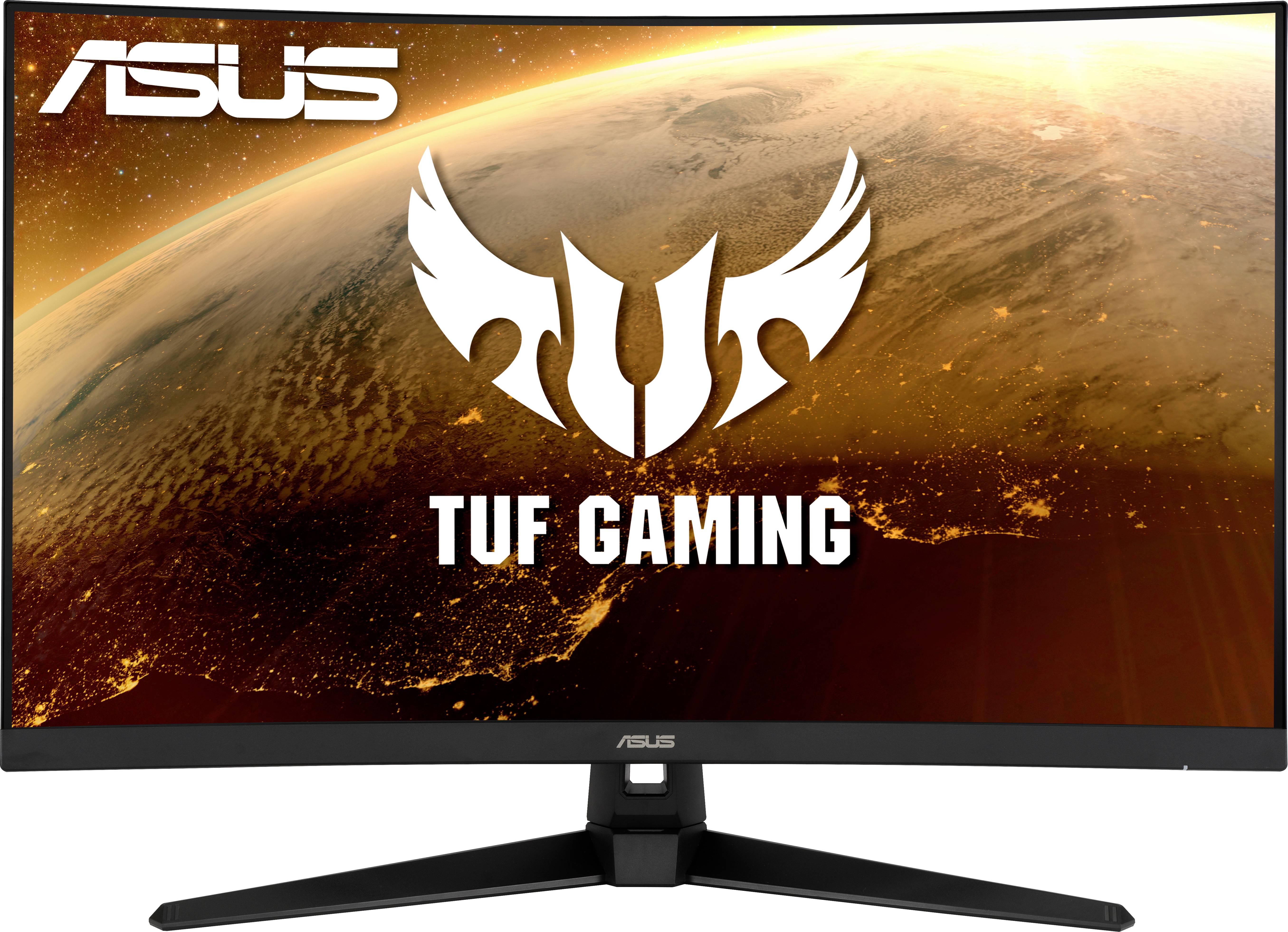 Monitor 'ASUS TUF Gaming' s planetárním pozadím zobrazuje logo a název produktu. Ideální pro intenzivní herní zážitek.