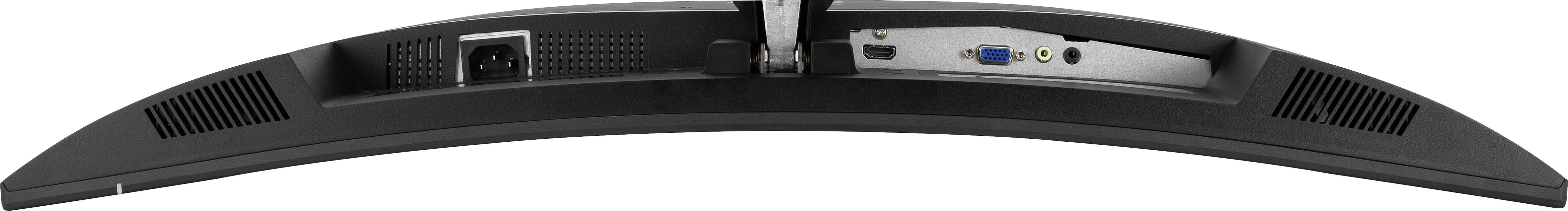 Pohled zezadu na zakřivený monitor s přípojkami pro napájení, VGA a HDMI. Po levé a pravé straně jsou viditelné větrací štěrbiny.