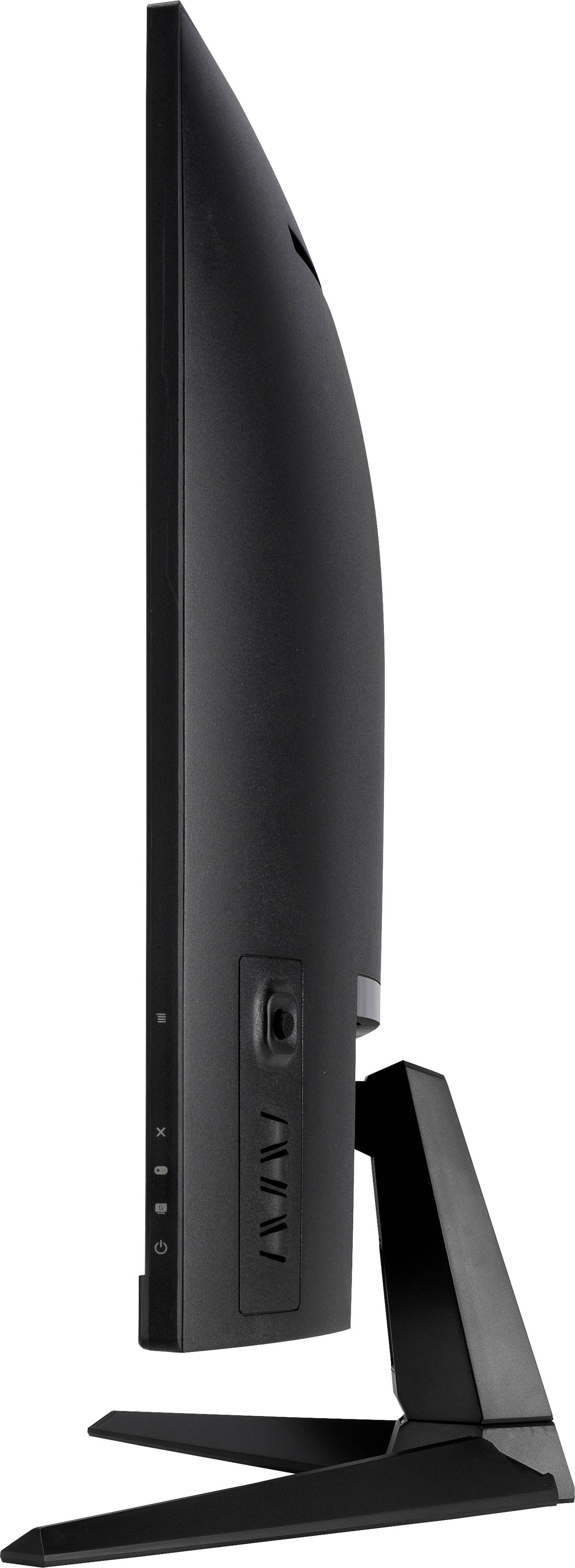 Boční pohled na plochý, moderní monitor na podstavci, který ukazuje štíhlý design a konektory na zadní straně.