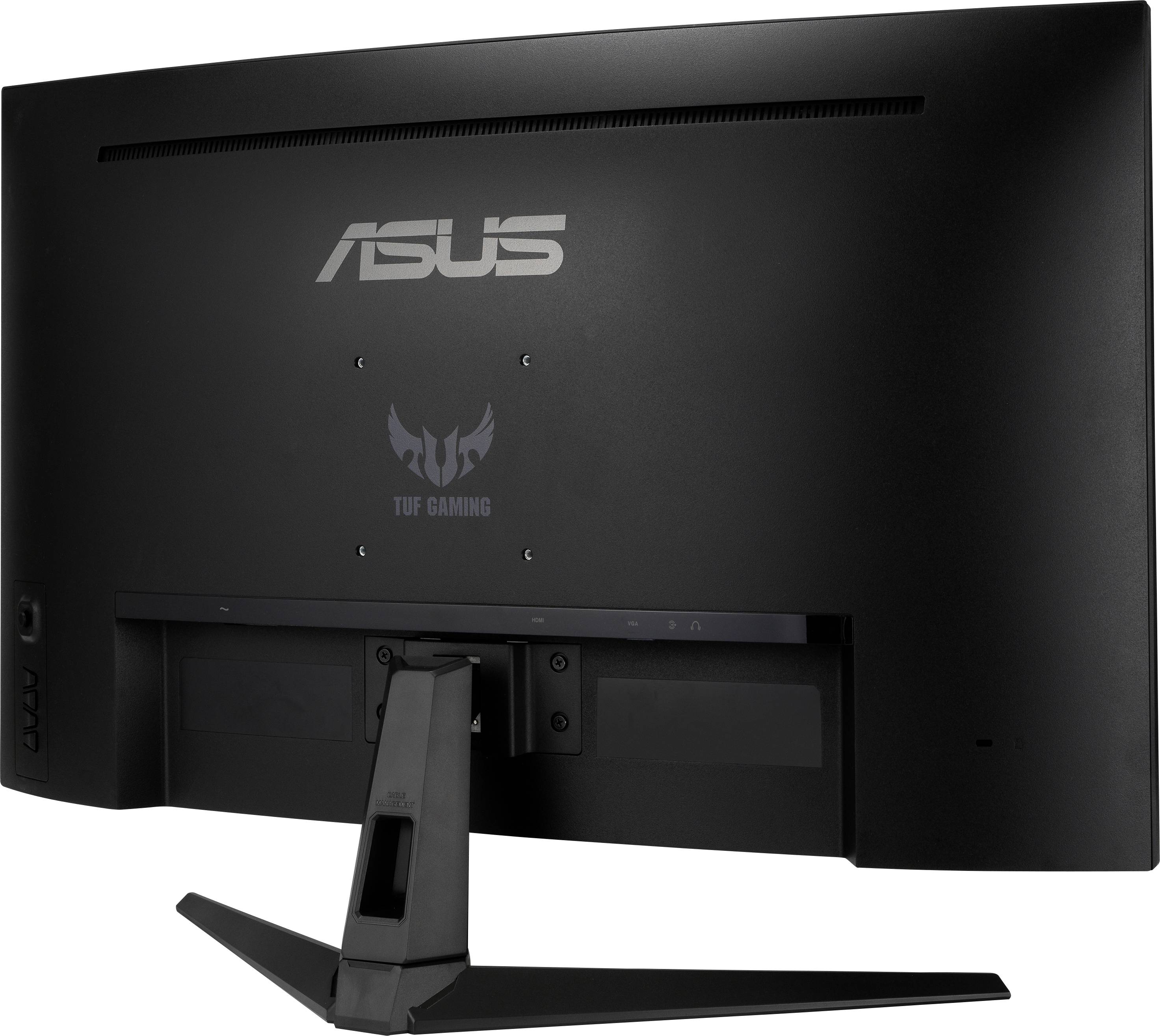 Herní monitor značky ASUS pohledem zezadu, zobrazující logo 'TUF Gaming' pod nápisem ASUS na černém těle monitoru.
