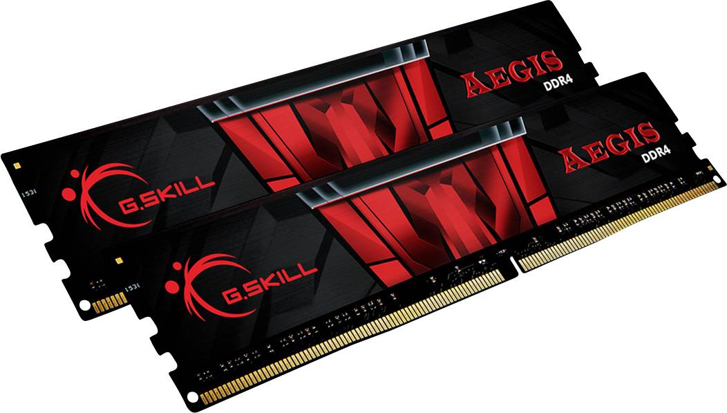 Dva moduly DDR4 RAM od G.SKILL s červeným grafickým designem. Model 'Aegis'. Vhodné pro použití v stolních počítačích ke zvýšení výkonu.