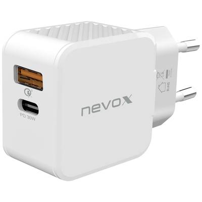Bílá nabíječka od značky 'nevox' s evropskou zástrčkou, USB-A portem a USB-C portem s podporou PD 30W.