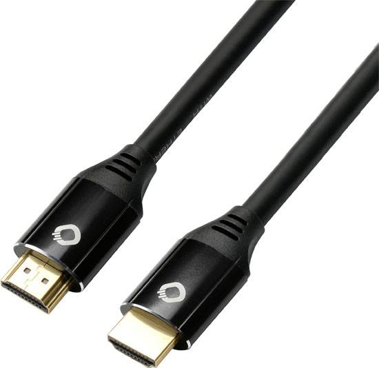 Černý HDMI kabel se dvěma konektory, jeden na každém konci. Slouží k přenosu audio a video signálů mezi zařízeními.