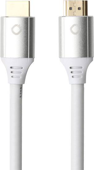 Dva HDMI kabely se stříbrnými konektory a bílým kabelem.