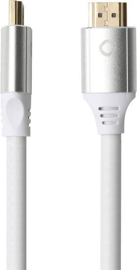 Bílý kabel s konektorem USB-C na HDMI. Tento kabel slouží k propojení zařízení s portem USB-C s displeji kompatibilními s HDMI.