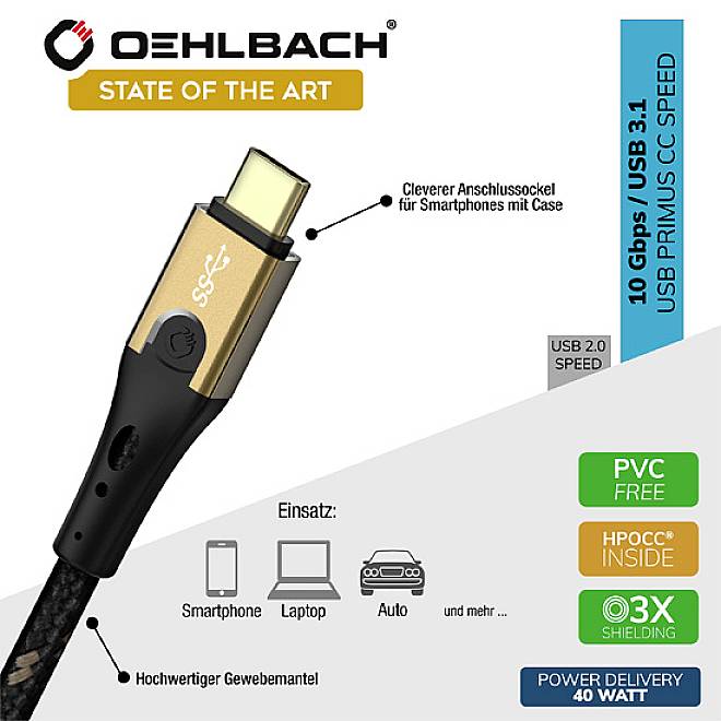 USB kabel od Oehlbachu se zlatým konektorem. Podporuje přenosovou rychlost 10 Gbps při USB 3.1. Vhodný pro smartphony, laptopy a další zařízení.