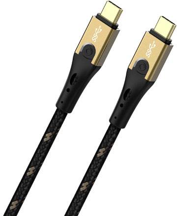 Dva USB-C konektory se zlatými kontakty a černě opláštěnými kabely, vhodné pro vysokorychlostní přenos dat.
