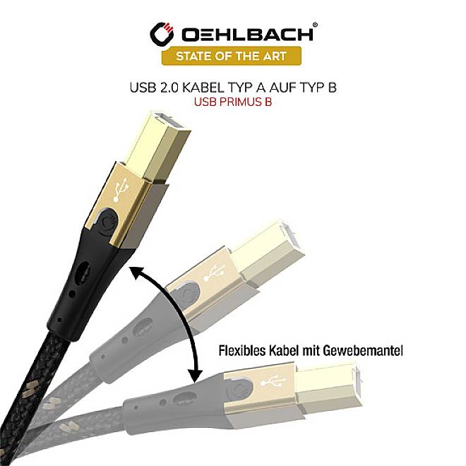 'Oehlbach USB 2.0 kabel Typ A na Typ B' zobrazený s flexibilním kabelem a textilním opletem. V levém horním rohu je logo společnosti Oehlbach.