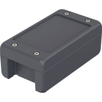 Elektronický kryt v černé barvě, obdélníkový tvar, zaoblené rohy, upevněný šrouby v rozích.