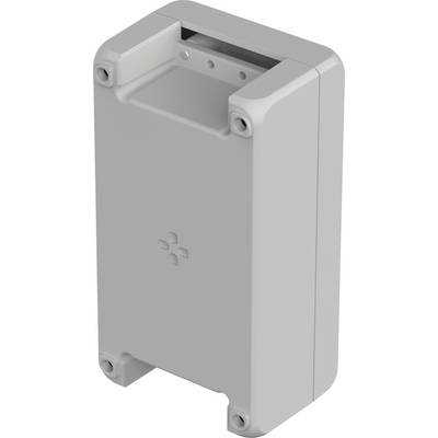 Šedý plastový kryt se šroubovacími otvory v rozích, vhodný pro elektronické komponenty nebo instalace zařízení.