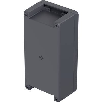 Uzavřený černý pravoúhlý plastový kryt se zaoblenými rohy; vhodný pro elektronické komponenty.