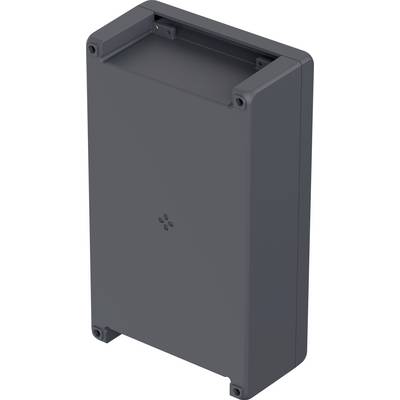 Šedý pravoúhlý plastový kryt s hladkým povrchem a zkoseným rohy; navržený pro elektronické komponenty.
