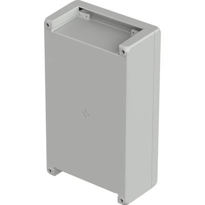 Obdélníkový šedý kryt se šrouby v rozích, vhodný pro elektronické komponenty nebo instalaci zařízení.