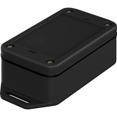 Černé elektronické zařízení obdélníkového tvaru se zaoblenými rohy a čtyřmi šroubky v rozích, které působí pevným dojmem.