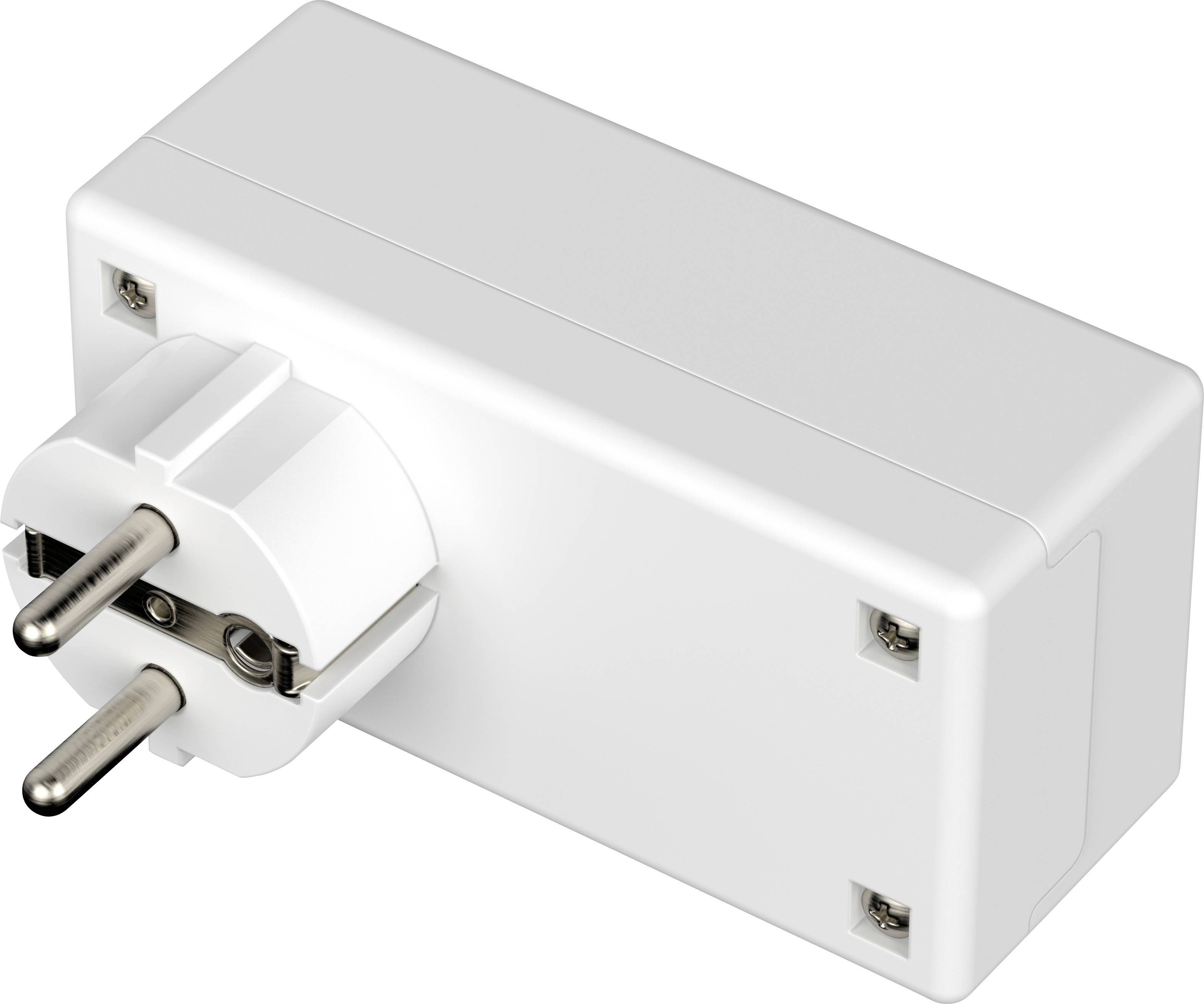 Bílá obdélníková adaptérová zástrčka se dvěma kovovými kolíky.