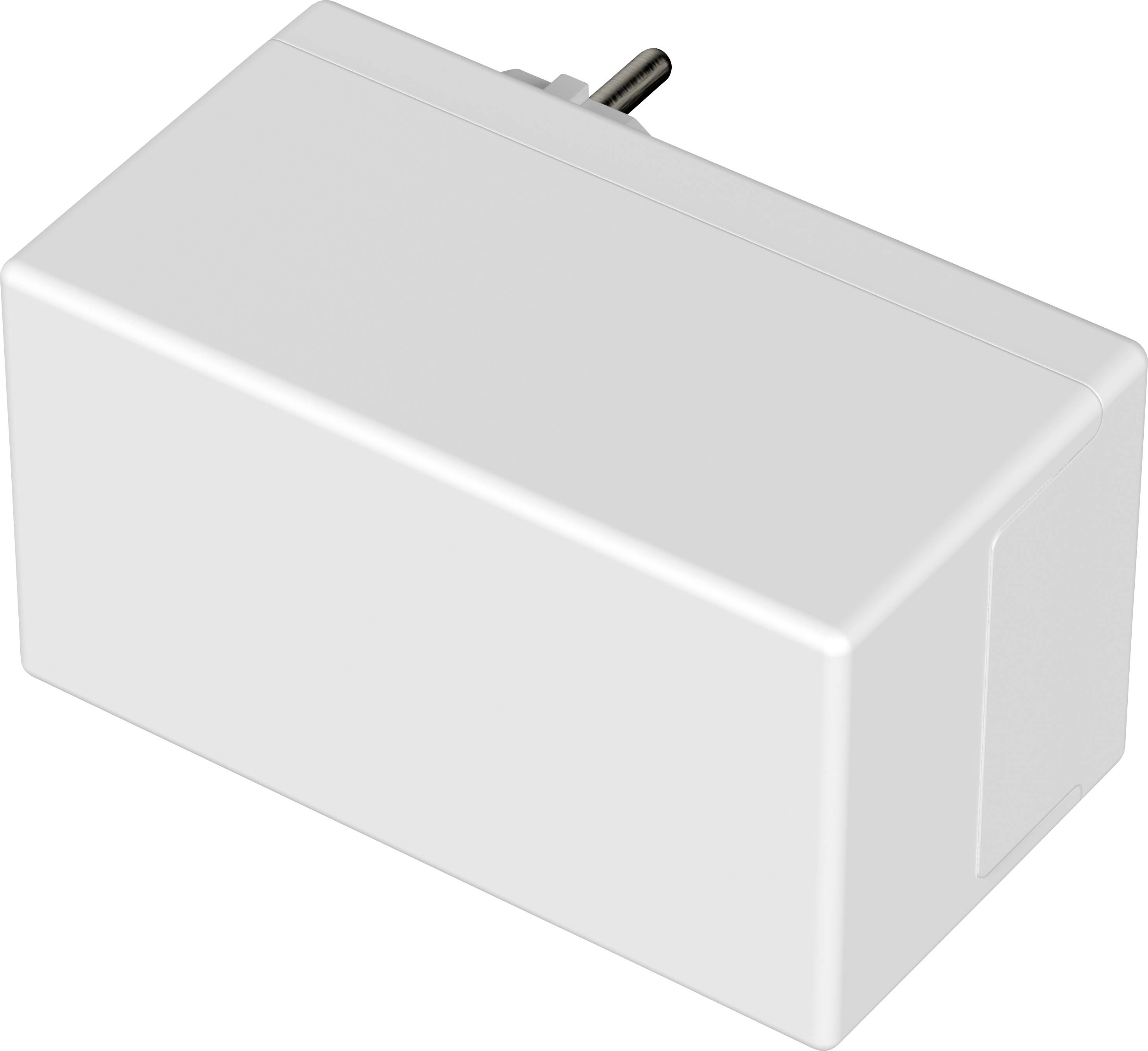 Obdélníkový bílý nabíječ s připojením do elektrické zásuvky na zadní straně, bez viditelné značky nebo popisu.
