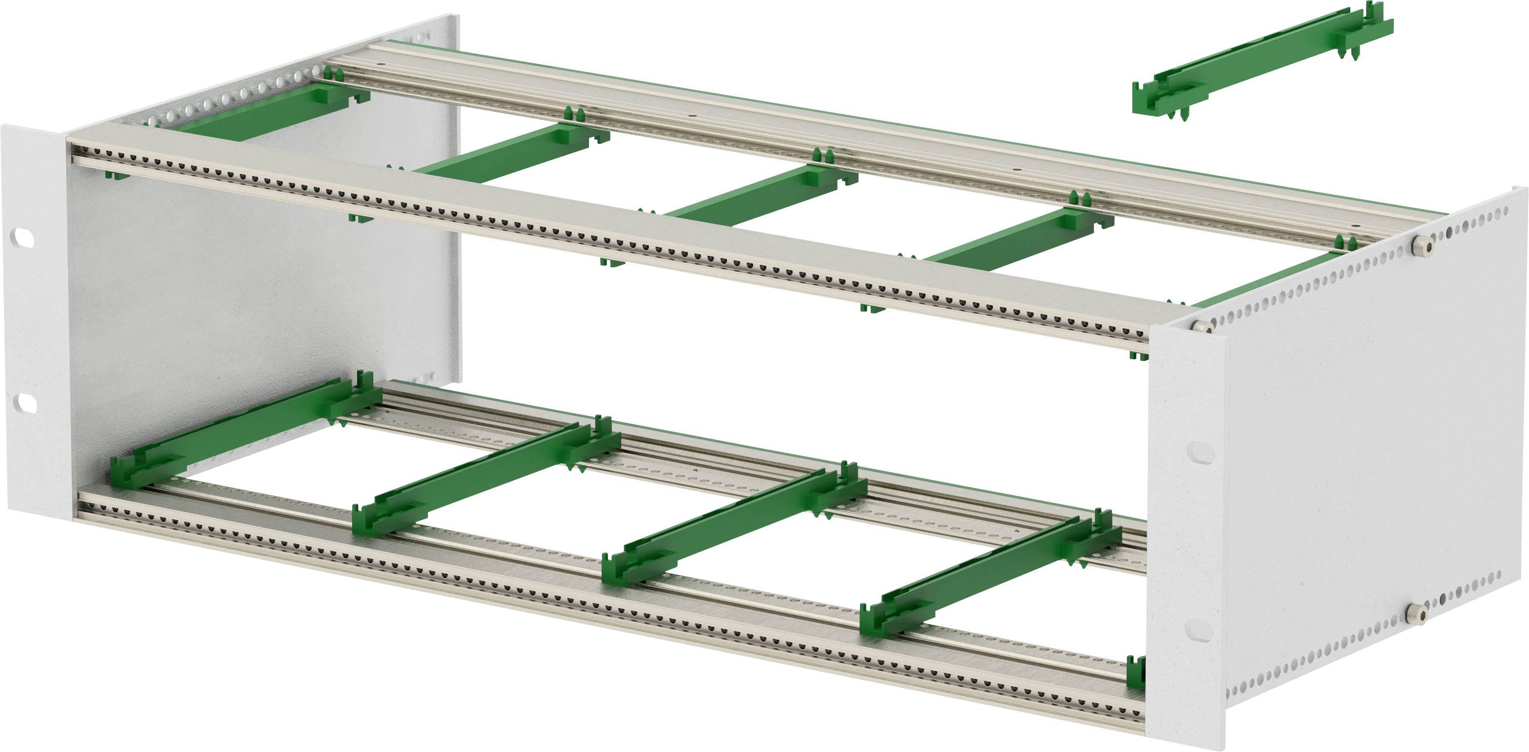 Kovový montážní rám s zelenými konzolemi. Používá se pro organizaci a zabezpečení elektronických komponentů v modulárním uspořádání.