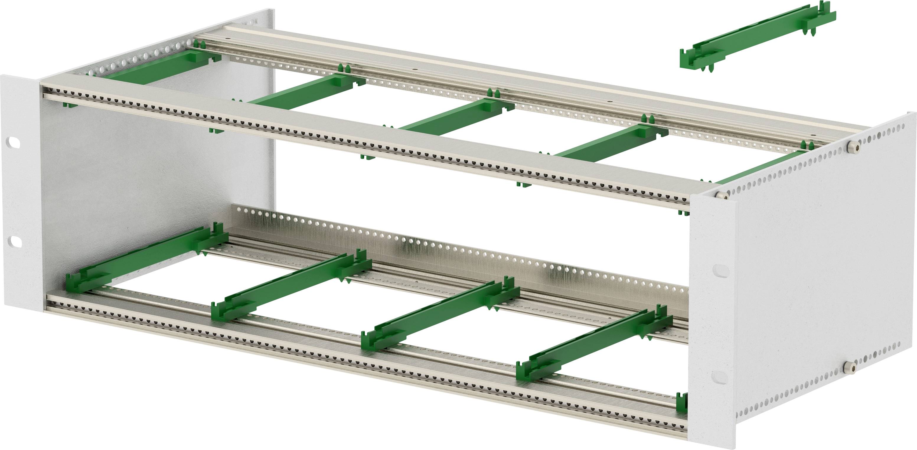 Kovový montážní rám s několika zelenými podpěrnými konzolemi, jedna zobrazena zvlášť. Používá se pro bezpečné uložení elektronického zařízení.