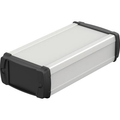Obdélníkový stříbrný kryt s černými rohy a hranami, vhodný pro skladování nebo jako modulové pouzdro pro elektroniku.