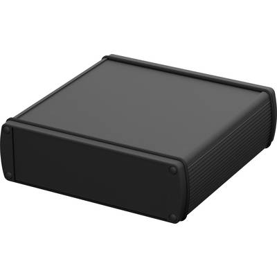 Černý, obdélníkový kovový kryt se zaoblenými rohy, vhodný pro elektronická zařízení nebo jako počítačová skříň.