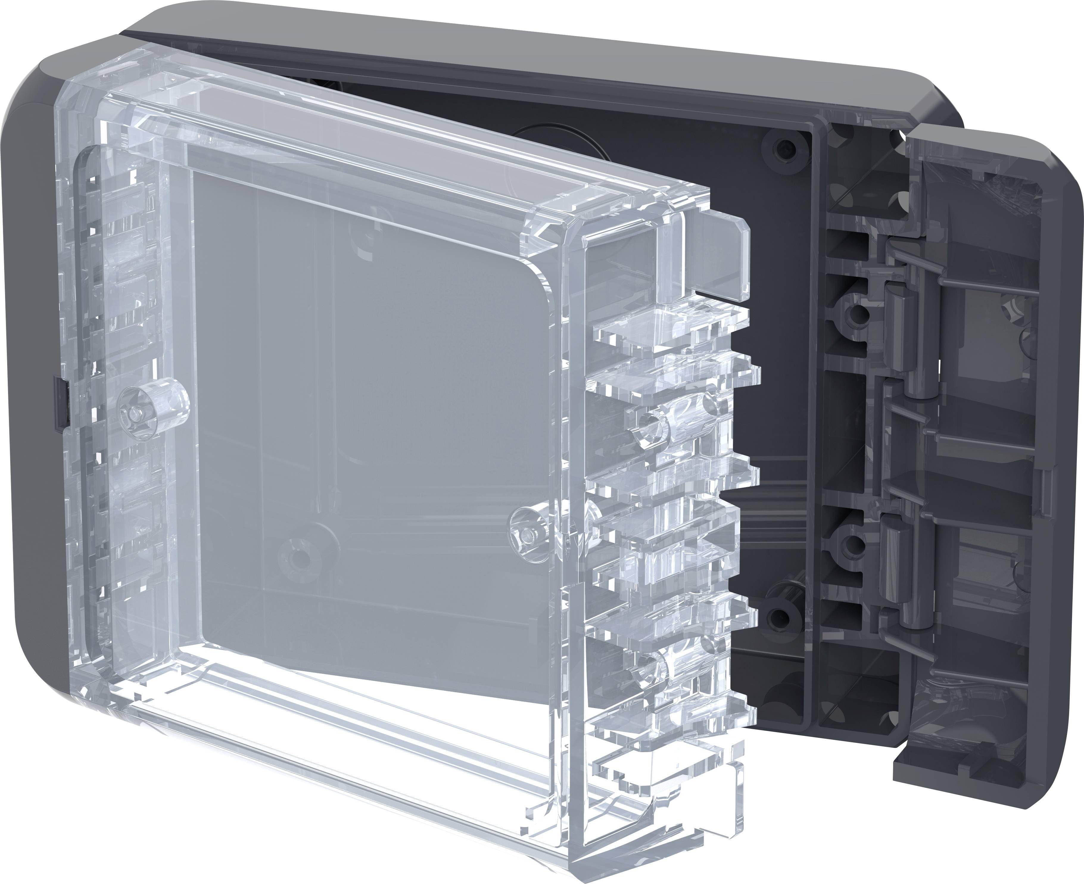 Elektrická rozvodná skříň z průhledného plastu, částečně otevřená, odhalující vnitřní strukturu a uzavírací mechanismus.