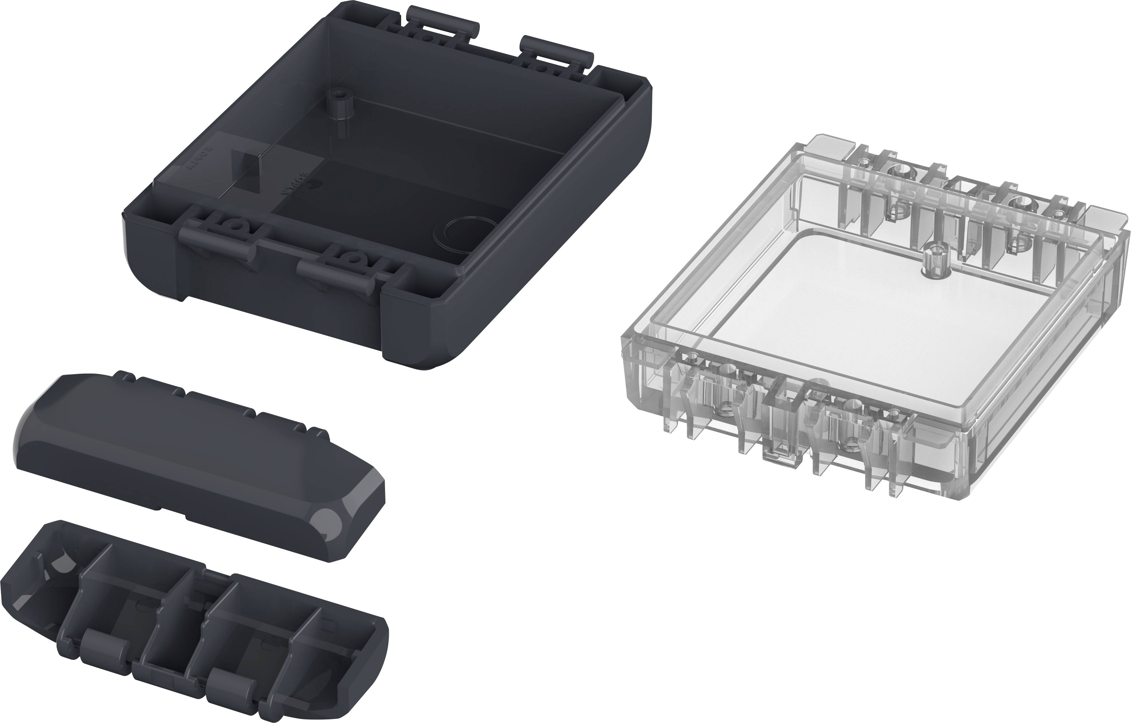 Čtyři komponenty pouzdra: dva černé a dva průhledné díly, které lze vzájemně spojit a vytvořit kompletní pouzdro.