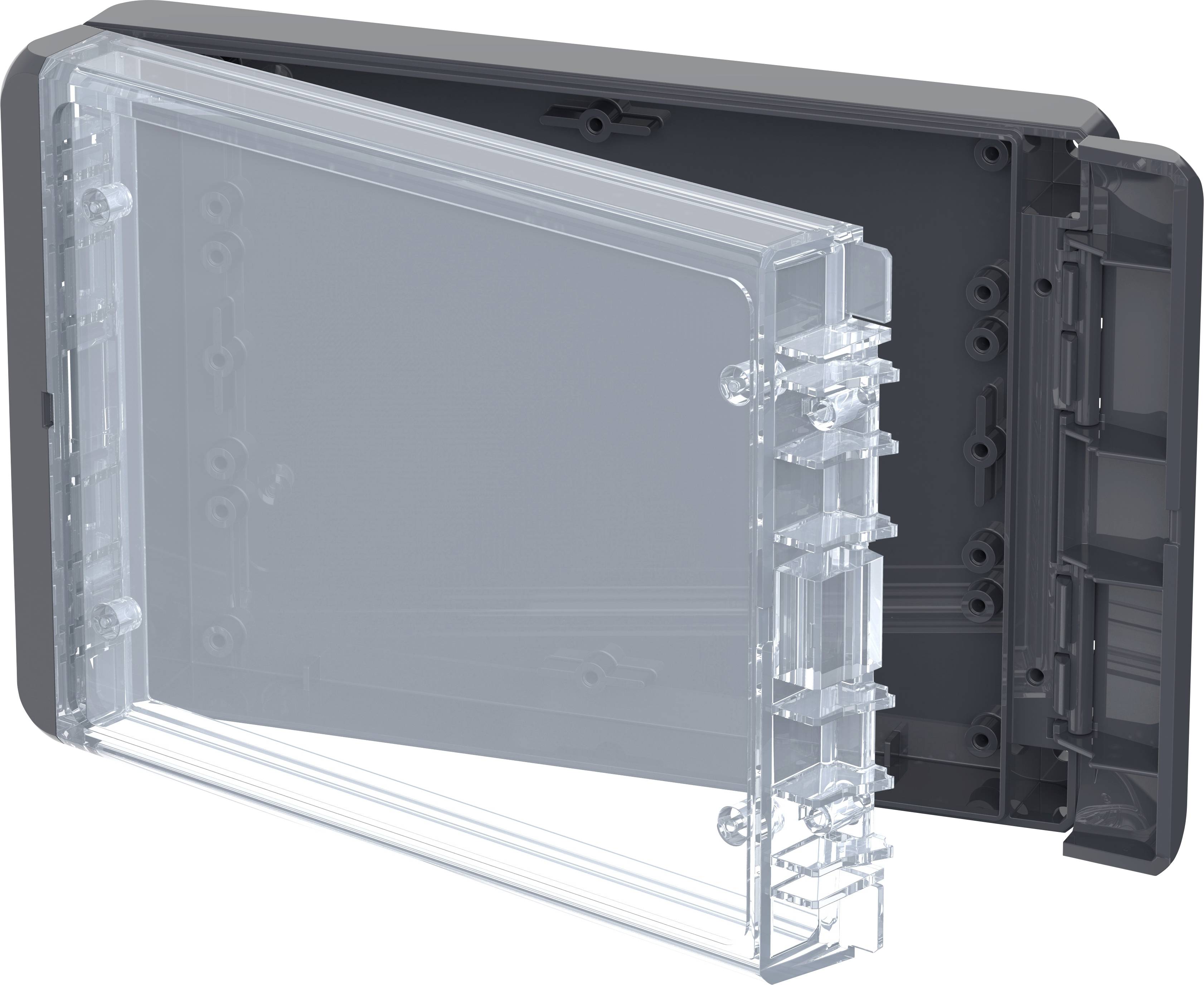 Průhledný, sklopný plastový kryt s černým rámečkem, vhodný pro ochranu elektronických komponentů.