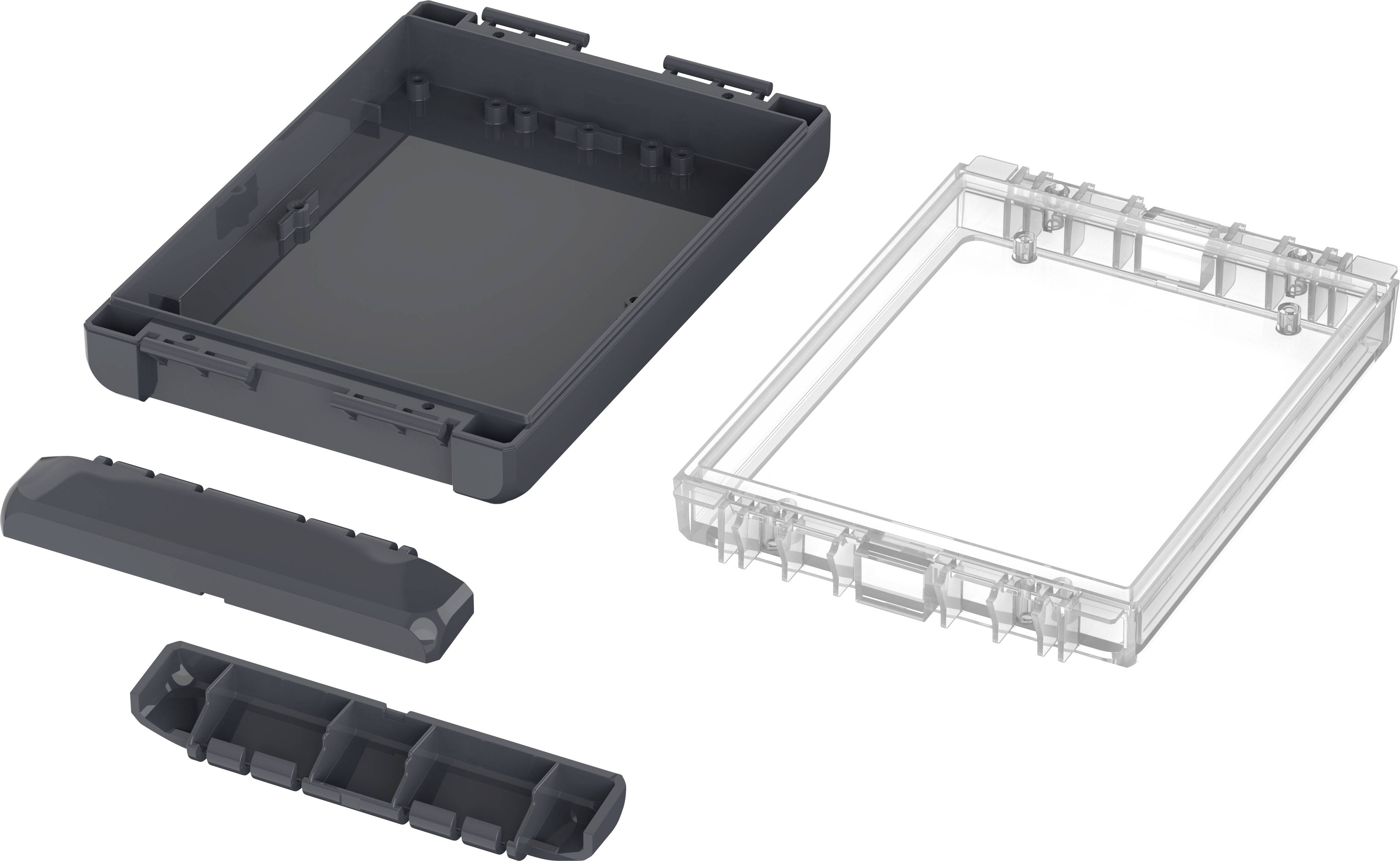 Rozložený černý a průhledný kryt pouzdra skládající se z několika dílů. Ideální pro ochranu a montáž elektronických zařízení.