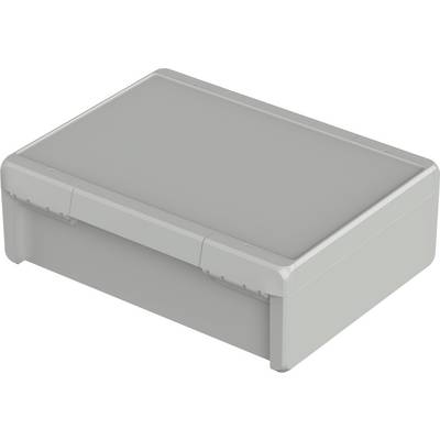 Šedý pravoúhlý plastový box se zaoblenými rohy, pravděpodobně elektronický kryt, na bílém pozadí.