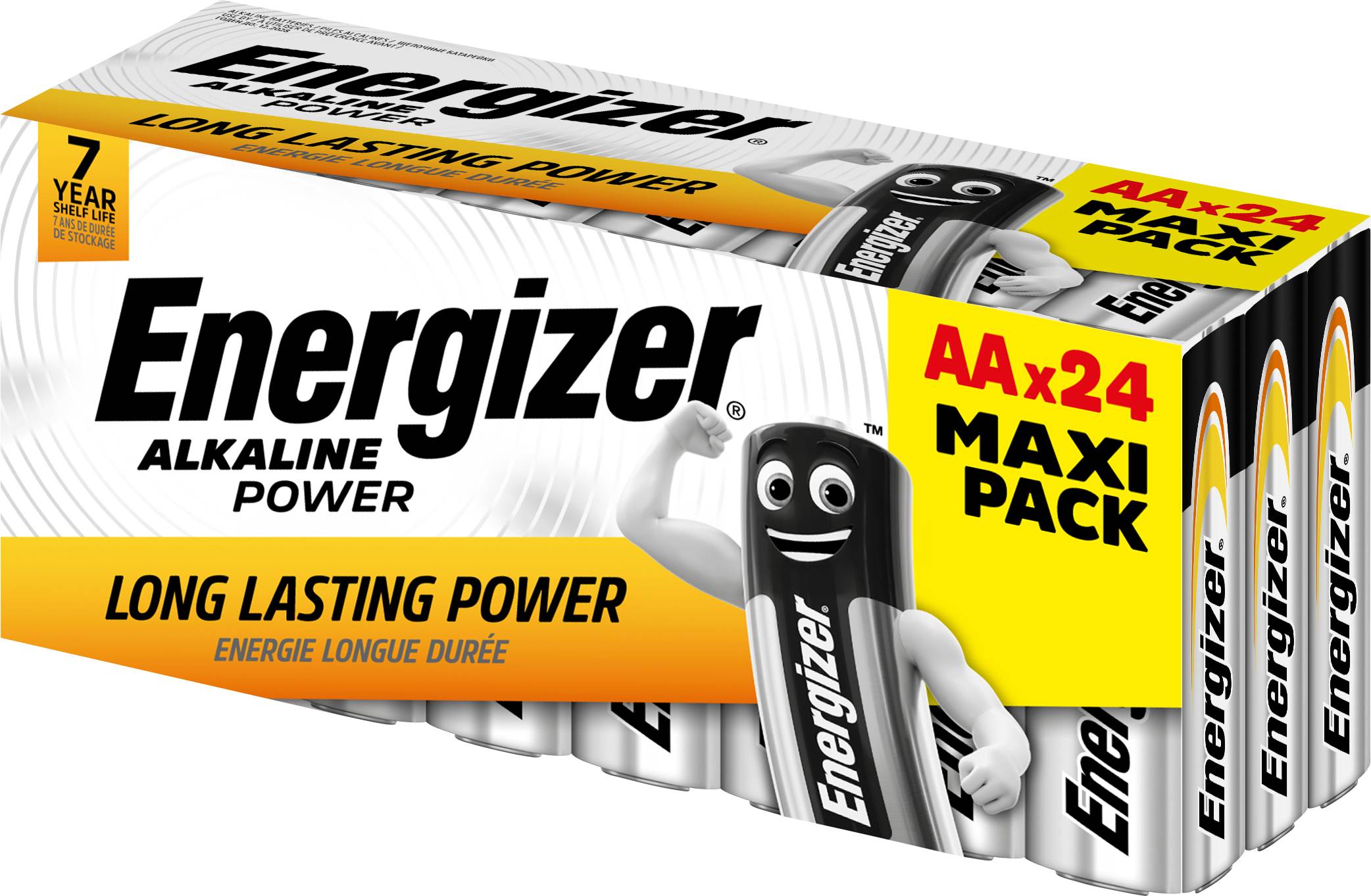 Alkalické baterie Energizer Maxi-Pack, 24 kusů, slibují dlouhotrvající energii. Na obalu je zobrazeno usmívající se maskot.