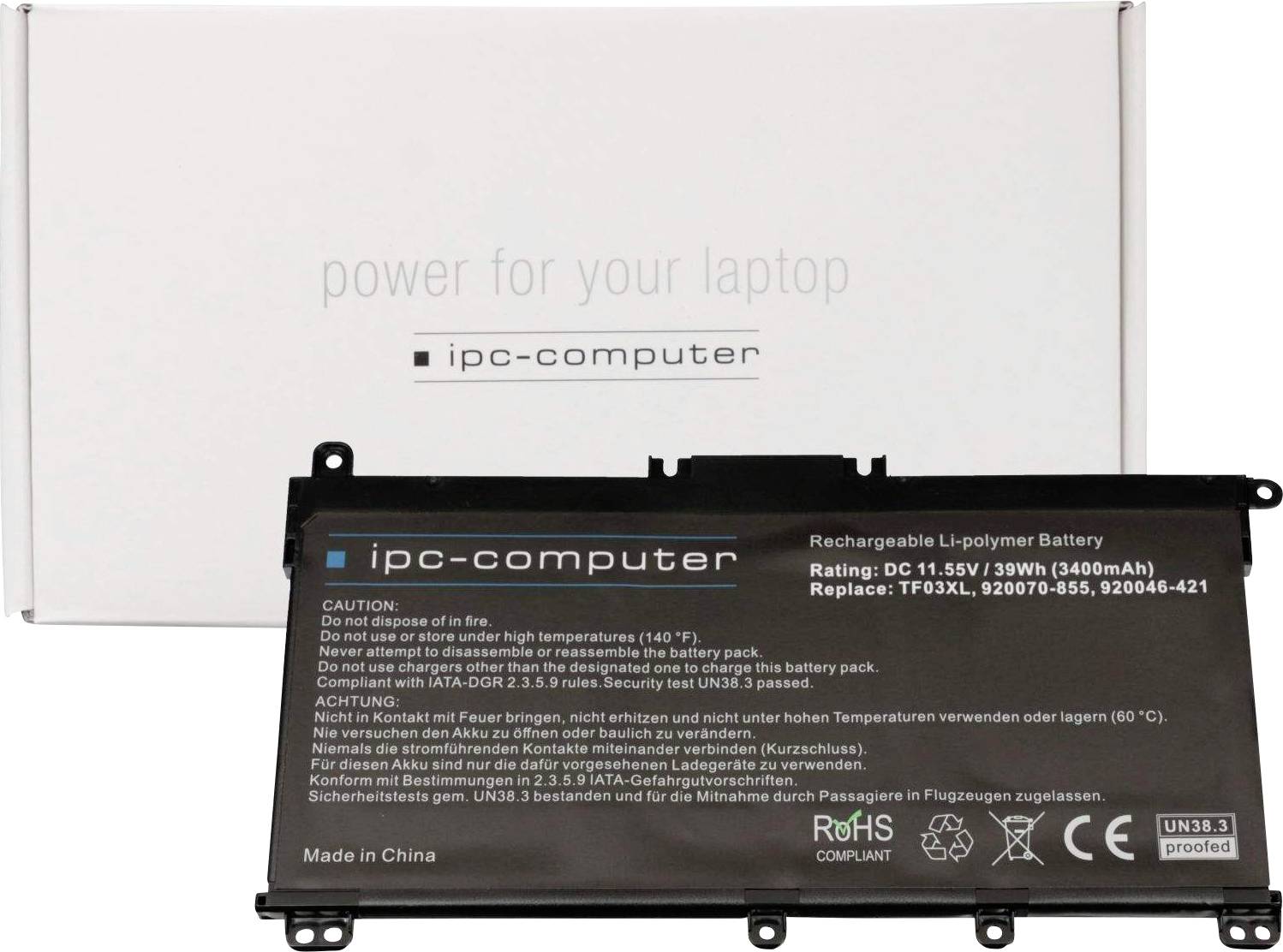 Dobíjecí Li-Polymerový akumulátor od 'ipc-computer' s napětím 11,55 V, 39 Wh. Obal v pozadí s heslem 'energie pro váš notebook'.