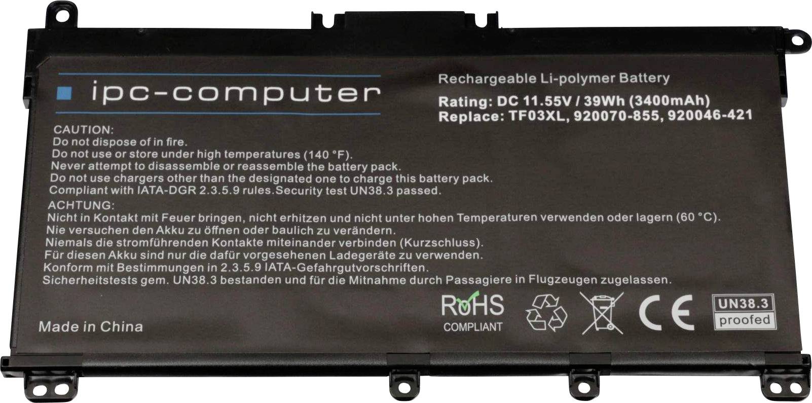 Dobíjecí Li-Polymerový akumulátor od 'ipc-computer', jmenovité napětí: DC 11,55V, 39Wh (3400mAh), neskladovat při vysokých teplotách.