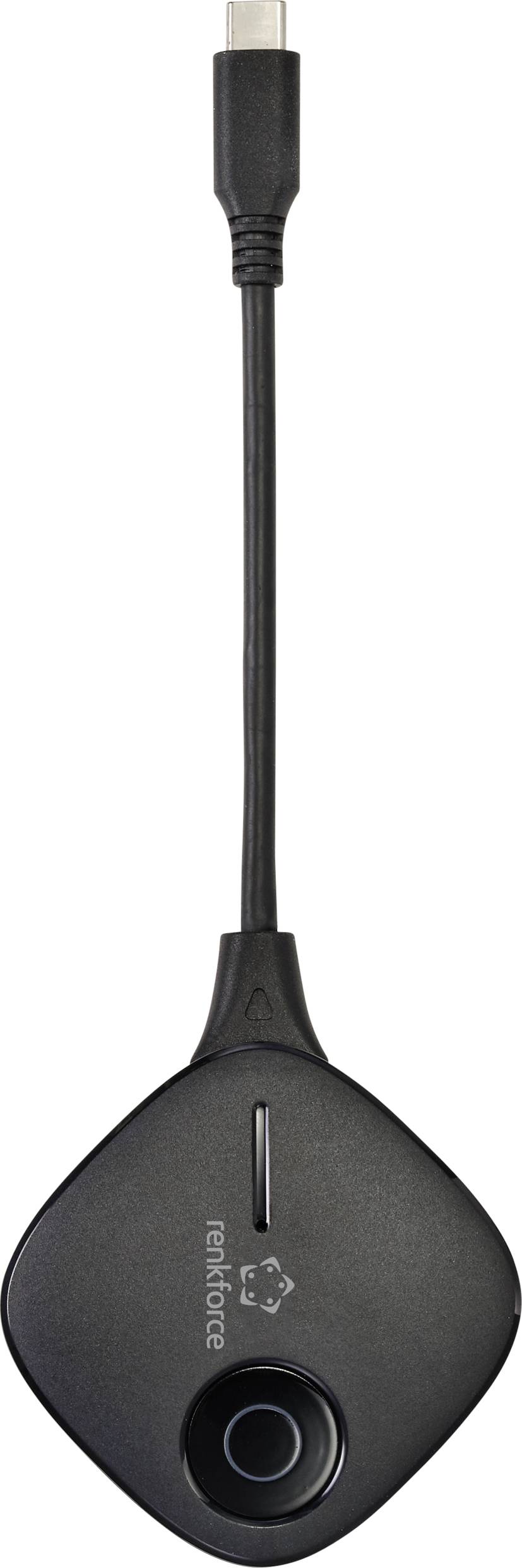 Černý USB-C adaptér s kabelem a tlačítkem. Používá se pro prezentační připojení nebo sdílení obrazovky.