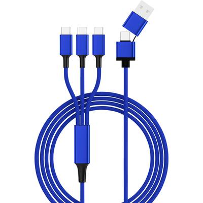 Modrý USB kabel s jednou zástrčkou a třemi výstupy.