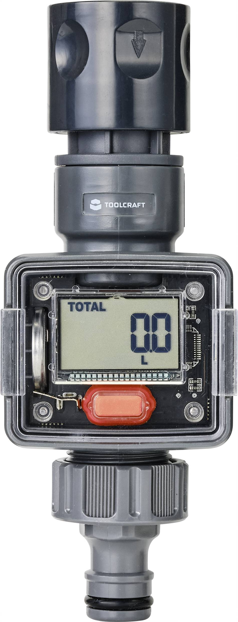 Digitální průtokoměr s displejem zobrazujícím '00 L'. Zařízení od společnosti TOOLCRAFT pro měření objemu kapalin.