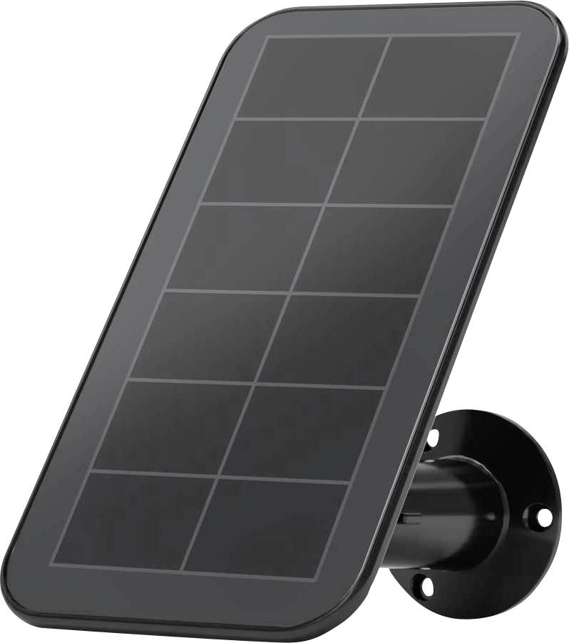 Černý solární panel obdélníkového tvaru se zaoblenými rohy, upevněný na černém držáku, pohled z boku.