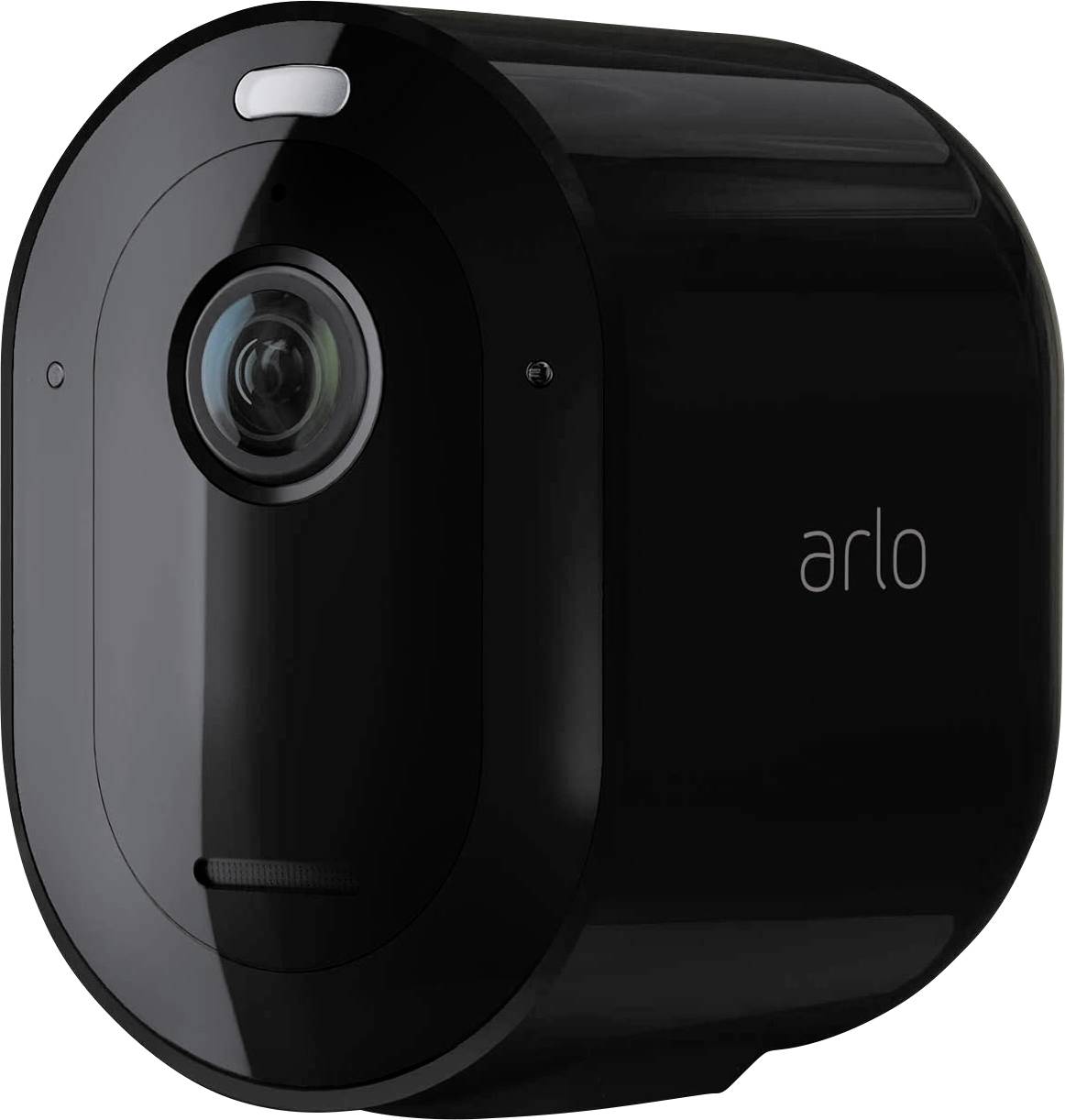Černá, kulatá bezpečnostní kamera s objektivem a logem 'arlo' na straně. Vypadá jako venkovní kamera určená pro sledování.