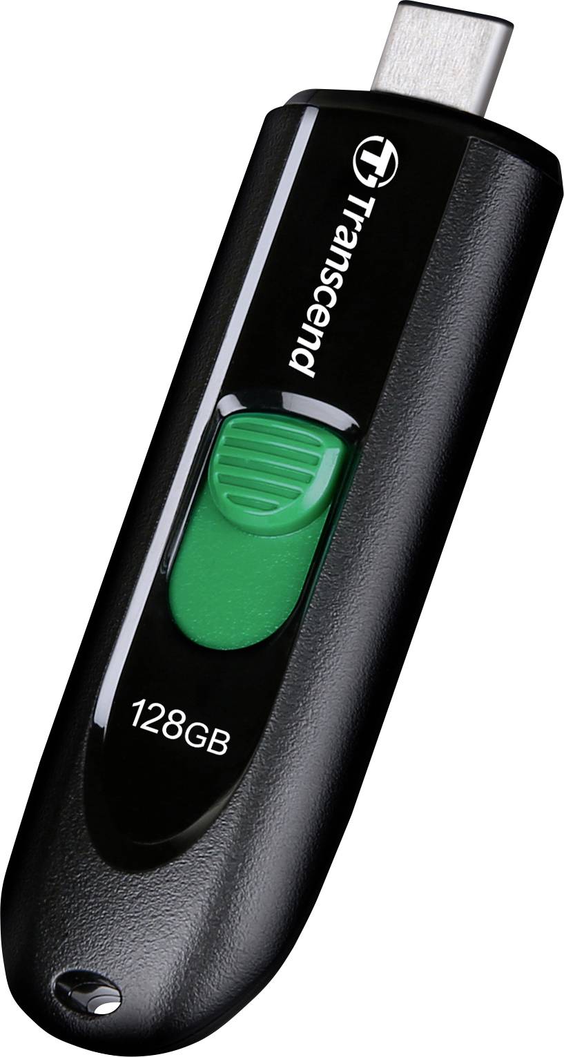 USB flash disk s kapacitou 128 GB, černé tělo s zeleným posuvným přepínačem, značka 'Transcend'.