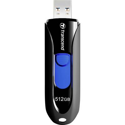 Černý USB flash disk značky Transcend s modrou tlačítkou o kapacitě 512 GB.