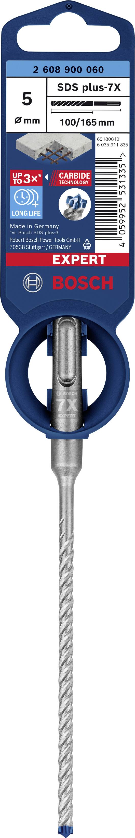 Vrták Bosch, SDS plus-7X, průměr 8 mm, celková délka 110 mm, 5 ks, balení s modrou zavěšovací lištou.