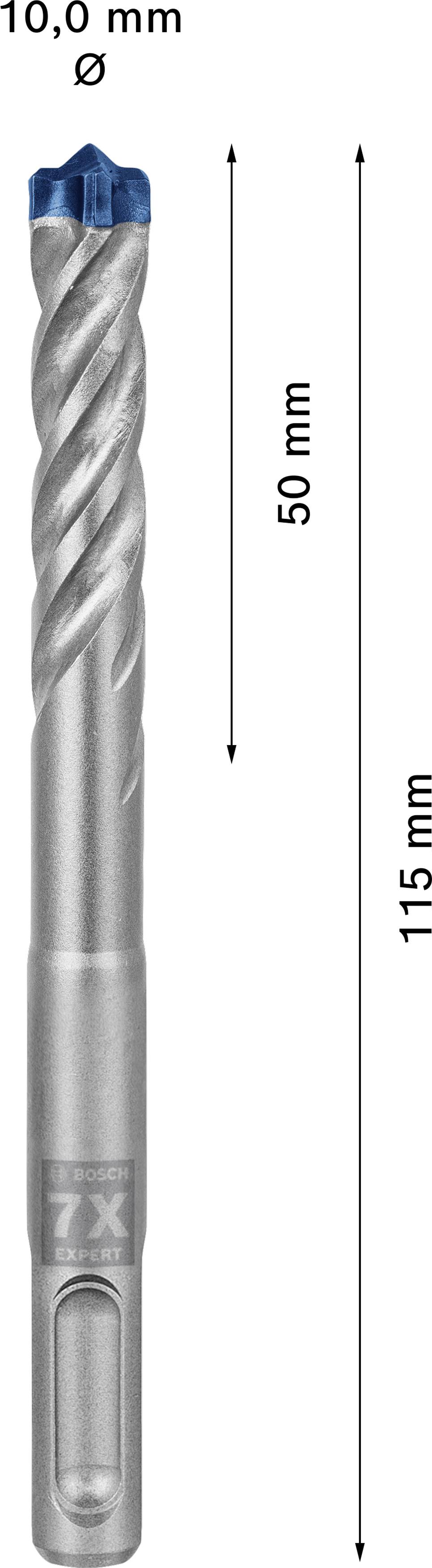 'Vrták o průměru 10 mm, celková délka 115 mm, pracovní délka 50 mm, spirálovitý dřík s modrým hrotem.'