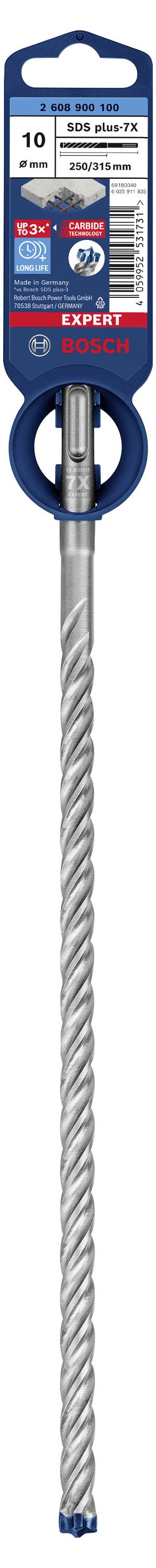 Vrták se spirálovitým rotačním designem, vhodný pro beton nebo zdivo. Obal zobrazuje značku Bosch a průměr vrtáku 10 mm.