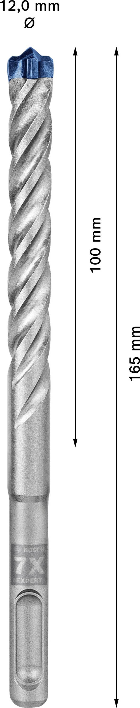 Vrták s modrým hrotem, průměr 12 mm, celková délka 165 mm, pracovní délka 100 mm.
