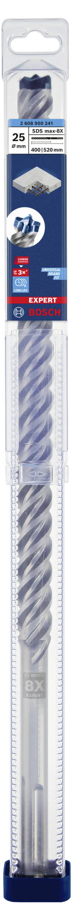 Vrtáky v balení, slogan 'Dlouho ostré', vhodné pro beton, dřevo, kov. Název značky zvýrazněn. Popis produktu.