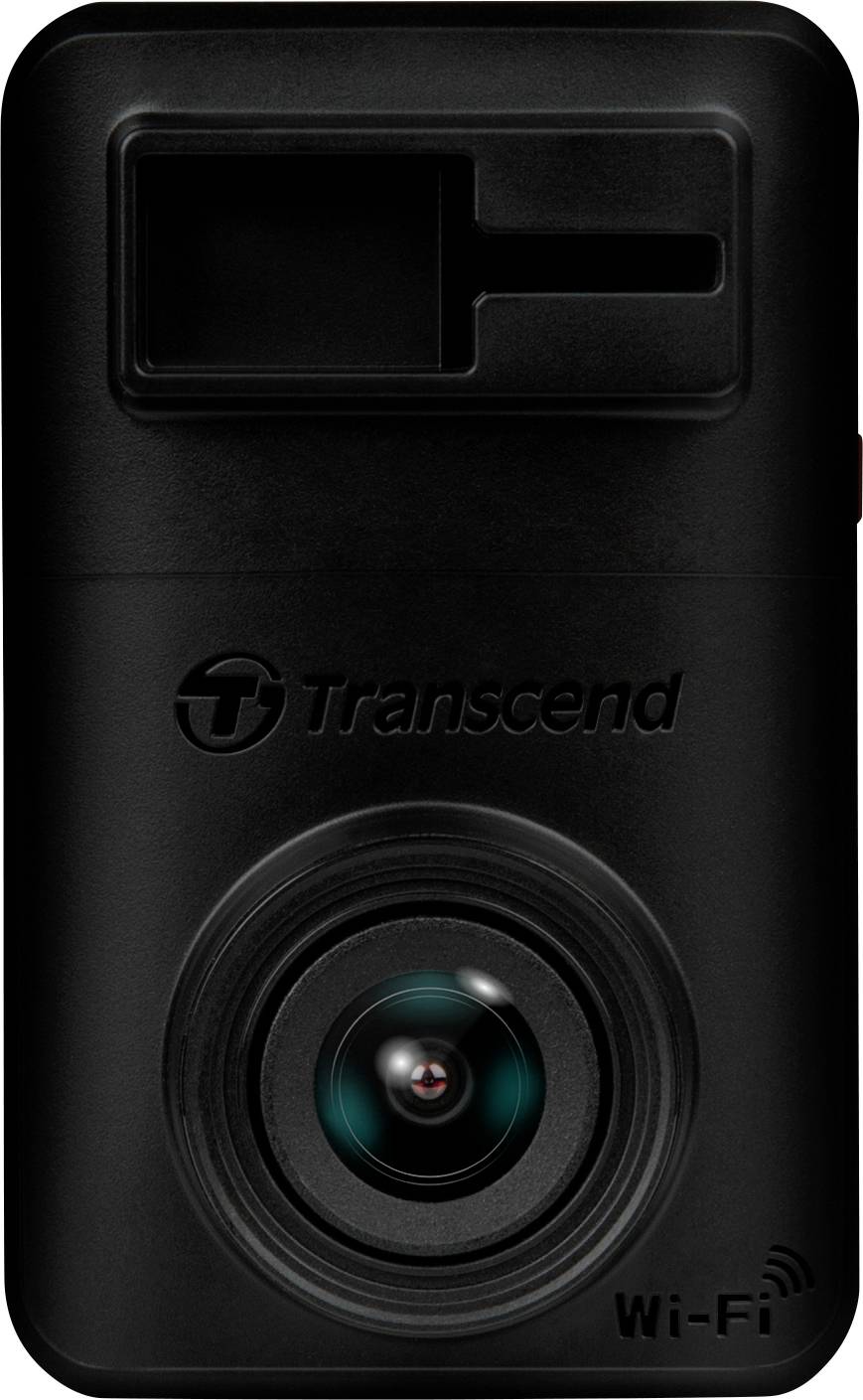 Černá palubní kamera Transcend s objektivem a nápisem 'Wi-Fi', vhodná pro nahrávání videa v automobilu.