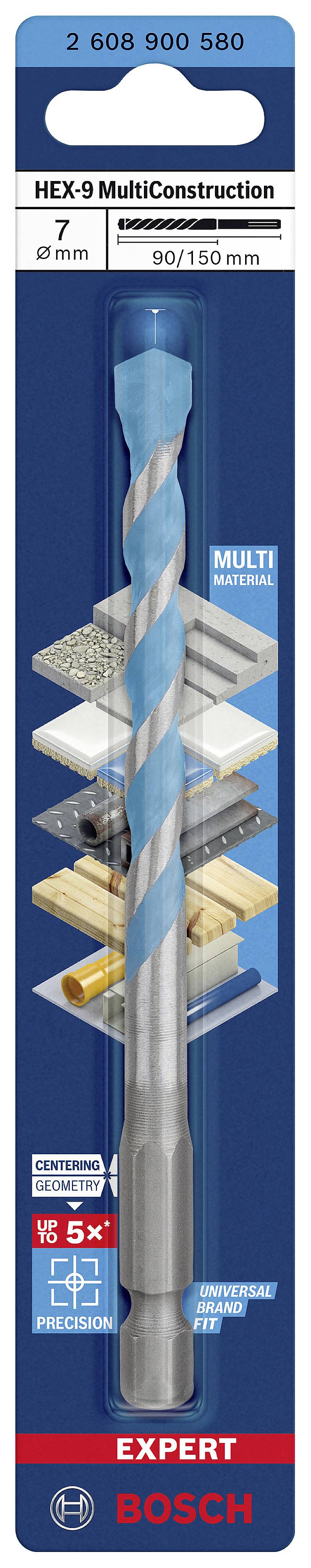 Balení vrtáku Bosch, HEX-9 MultiConstruction, 7mm. Vhodný pro beton, dlaždice, dřevo, kov. Pětkrát delší životnost.