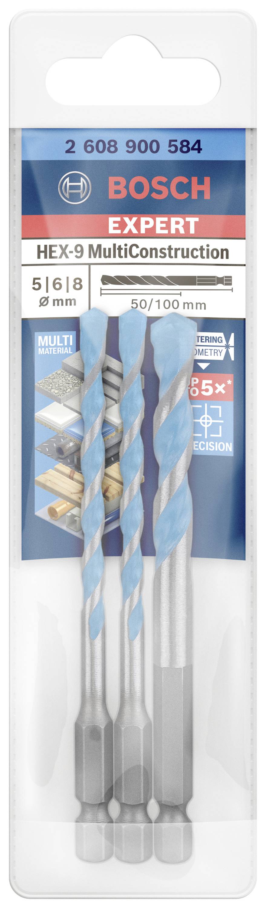 Tři vrtáky Bosch Expert, HEX-9 MultiConstruction, v průhledném obalu, vhodné pro různé materiály.