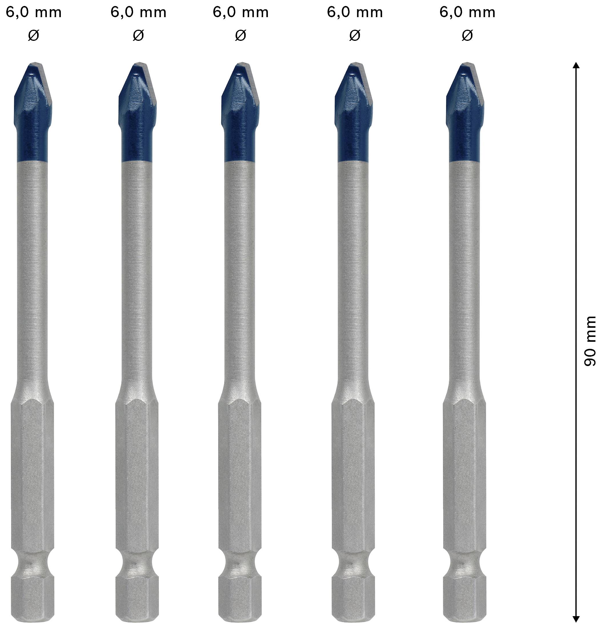 Pět identických vrtáků o průměru 6,0 mm a délce 90 mm je uspořádáno v řadě.